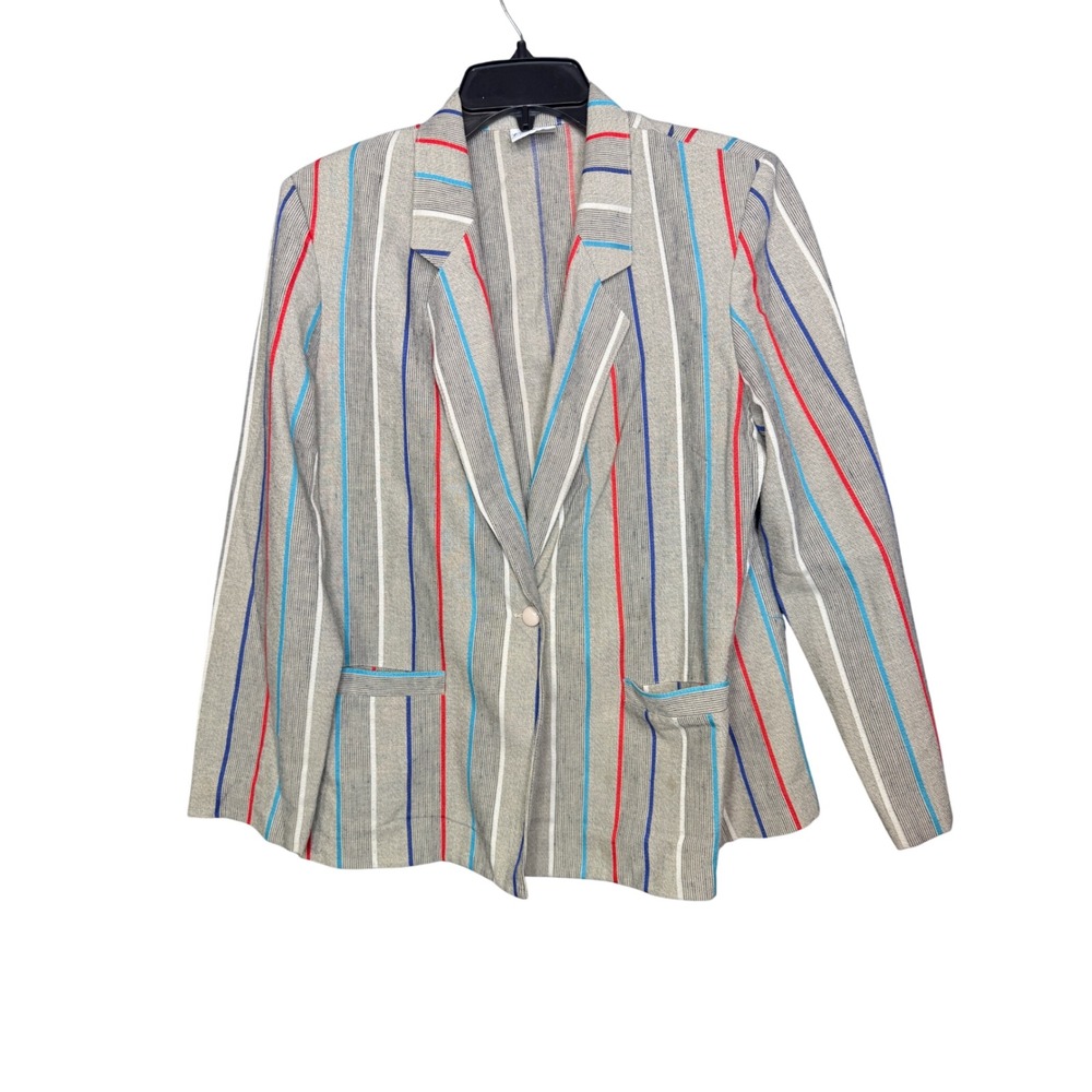Vintage Koret Womens Blazer Size 12 Gray Red Blue Striped Made in USA Jacket